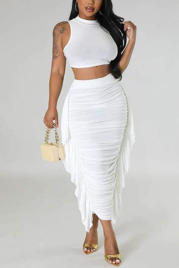 Mock Neck Top And Ruched Fringe Skirt Set