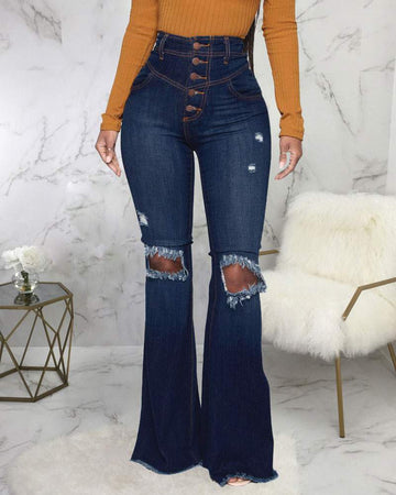 NEW Button Fly High Waist Ripped Raw Hem Flare Leg Skinny Jeans