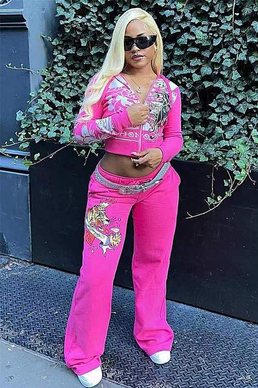 GRAPHIC CROP JACKET TOP AND PANTS SET