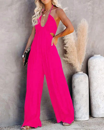 BACKLESS HALTER WIDE LEG JUMPSUIT