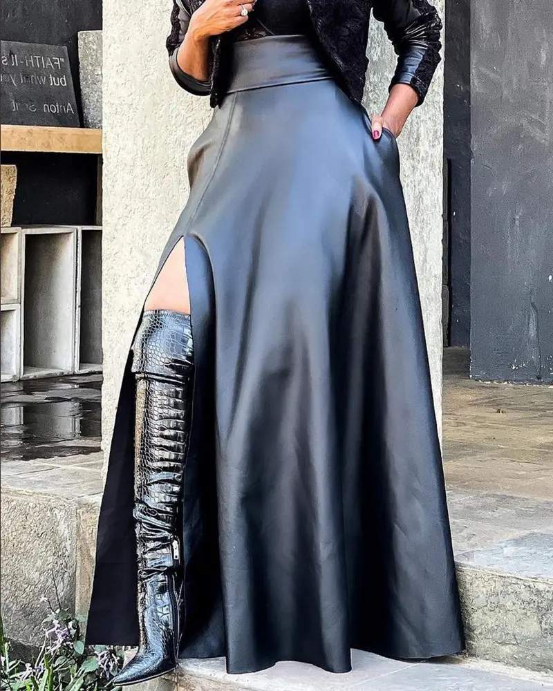 PU LEATHER HIGH SLIT POCKET DESIGN SKIRT