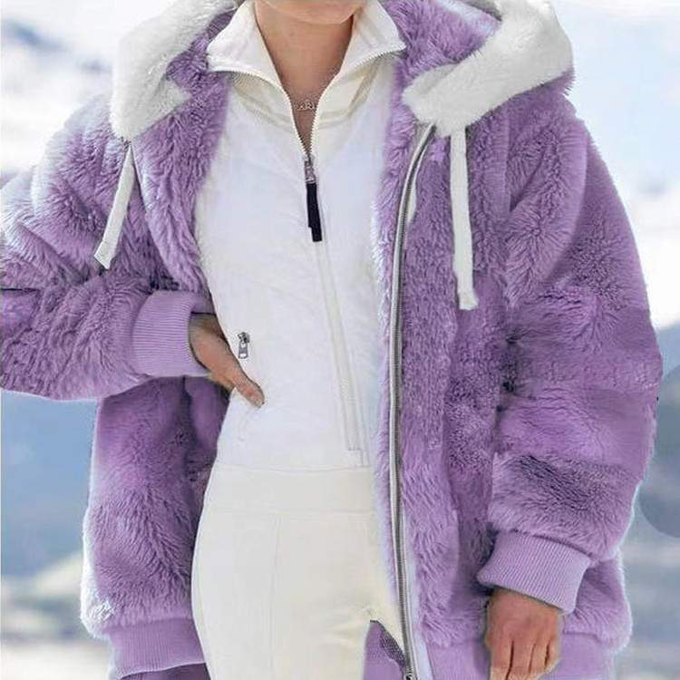 LOOSE PLUSH ZIPPER HOODED COAT WOMEN