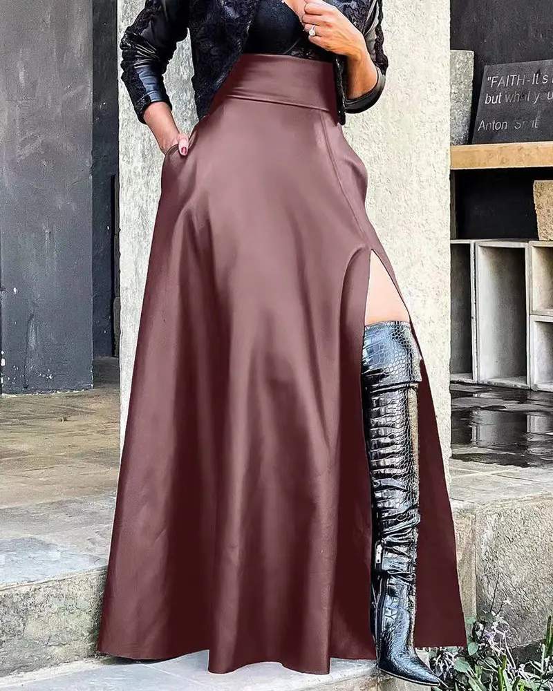 PU LEATHER HIGH SLIT POCKET DESIGN SKIRT