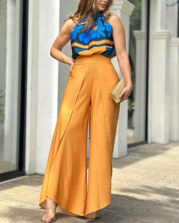 FLORAL PRINT TOP OVERLAP WIDE LEG PANTS SET