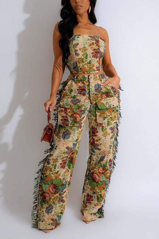 GRAPHIC TUBE TOP AND FRINGE PANTS SET