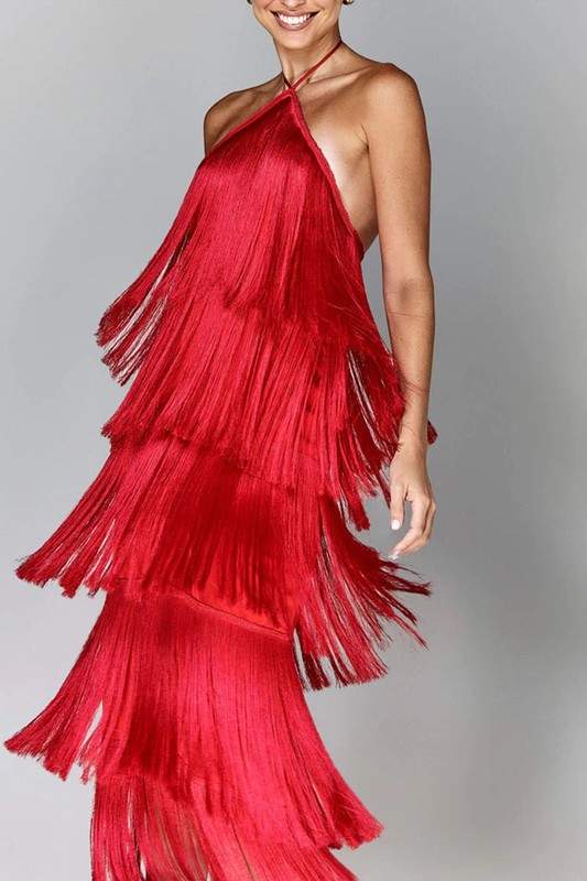 FRINGE HALTER MAXI DRESS