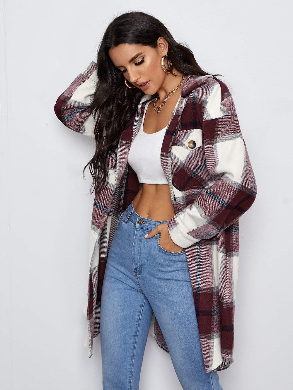 DROP SHOULDER FLAP POCKET CURVED HEM PLAID COAT