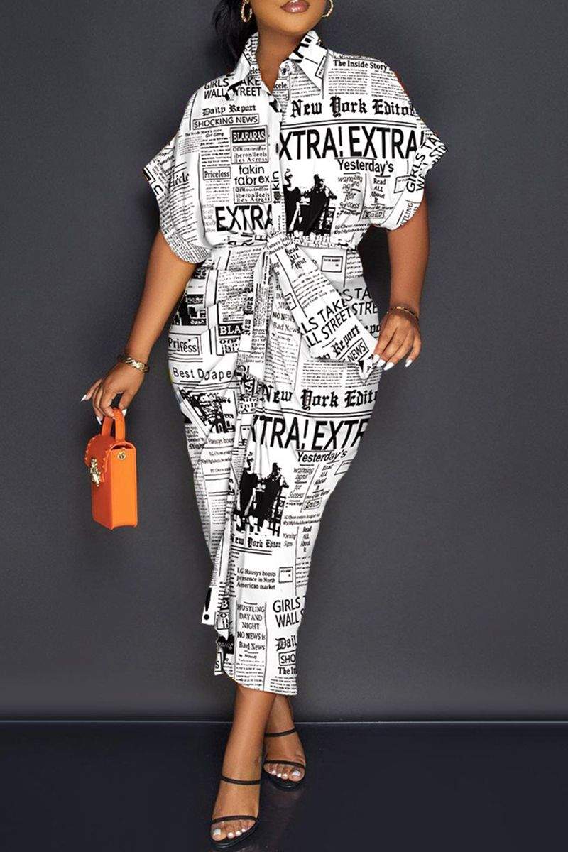 FASHION CASUAL PRINT BANDAGE PATCHWORK BUCKLE TURNDOWN COLLAR SHIRT DRESS DRESSES
