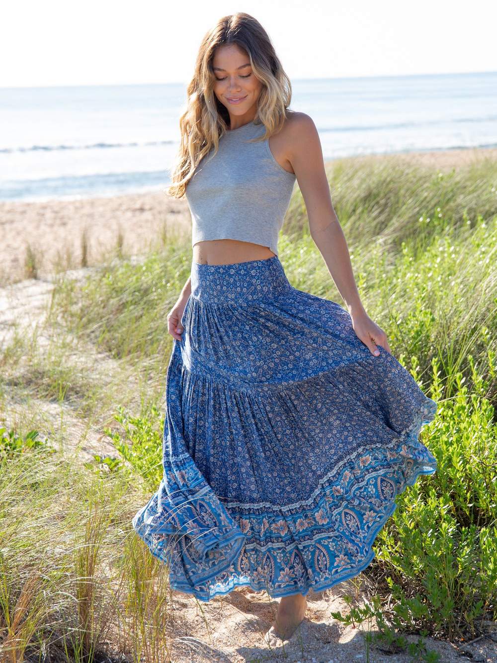 TIERED MAXI SKIRT FLORAL BORDER