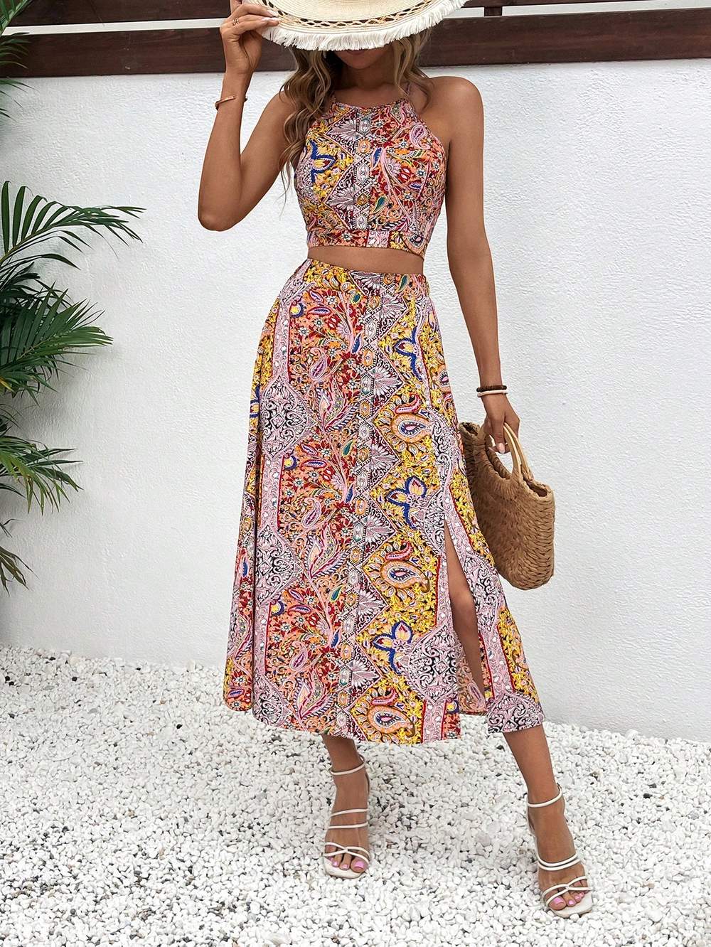 VCAY LADIES FASHIONABLE PAISLEY PRINT SPAGHETTI STRAP SLEEVELESS TOP AND SPLIT HEM SKIRT SET