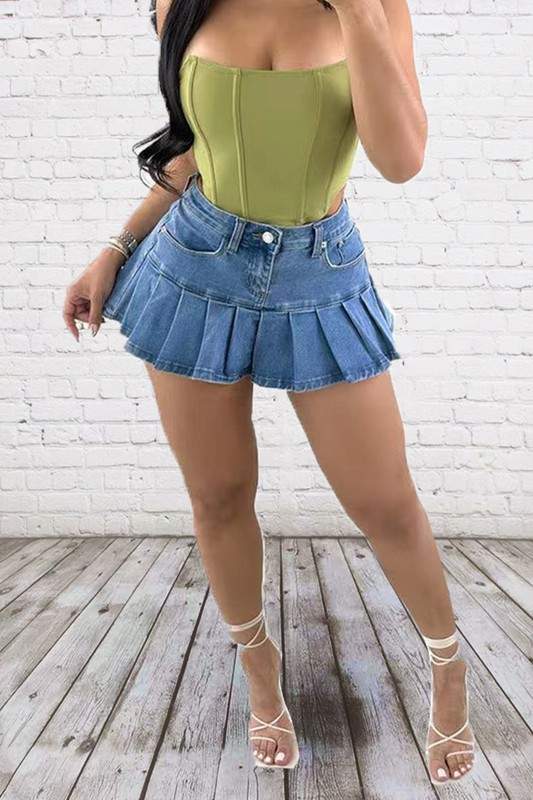 Trendy Pleated Denim Skirt & Casual Bodysuit