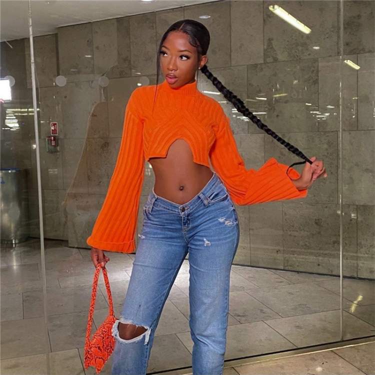 AUTUMN PURE COLOR KNITTING NAVEL WOMEN S SWEATER