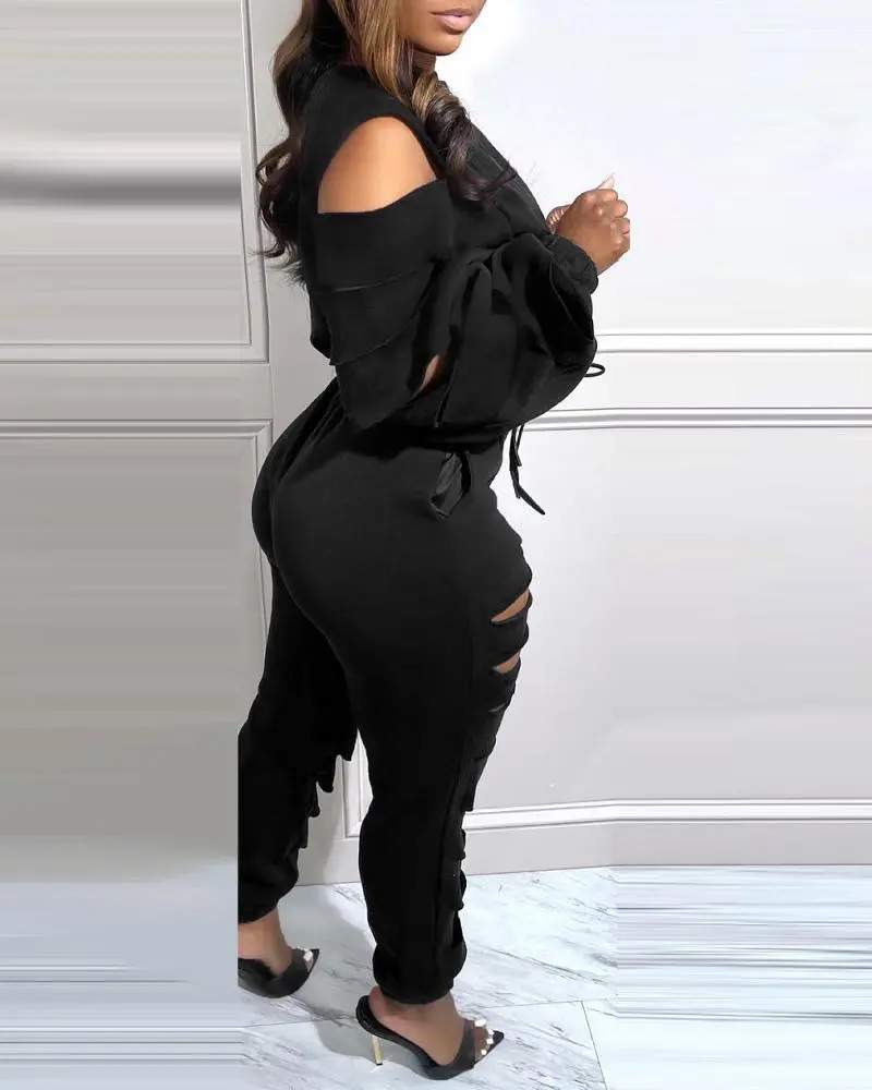 LADDER CUTOUT LONG SLEEVE TOP DRAWSTRING PANTS SET