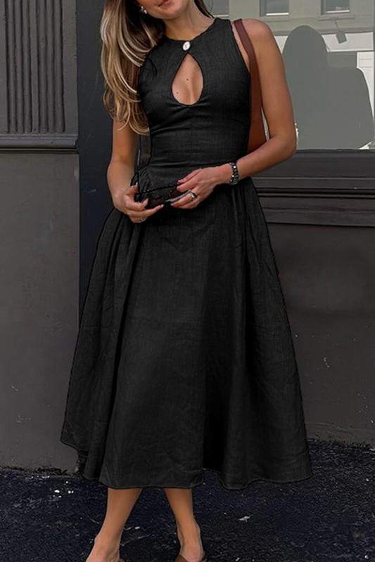 HOLLOW ROUND NECK A LINE MIDI DRESS