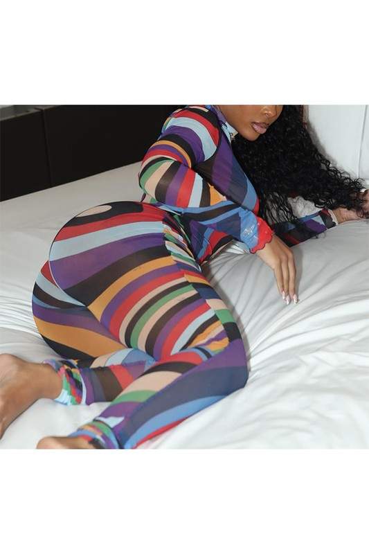 MESH GRAPHIC SHEER JUMPSUIT