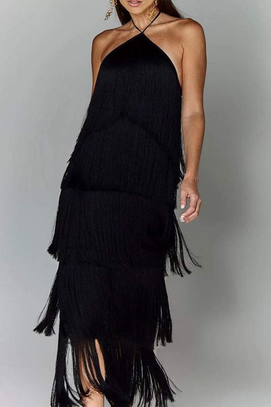 FRINGE HALTER MAXI DRESS