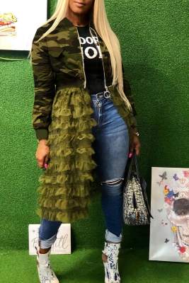 STREET ANIMAL PRINT CAMOUFLAGE PRINT MESH ZIPPER COLLAR OUTERWEAR