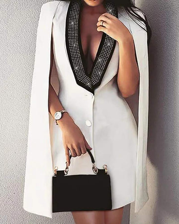 COLORBLOCK CAPE DESIGN RHINESTONE BLAZER COAT