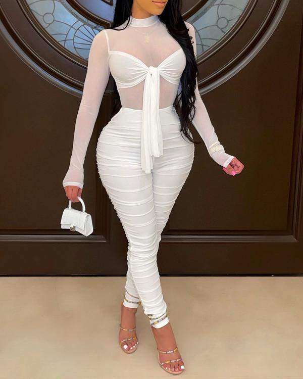 KNOTTED FRONT SHEER MESH PATCH LONG SLEEVE JUMPSUIT