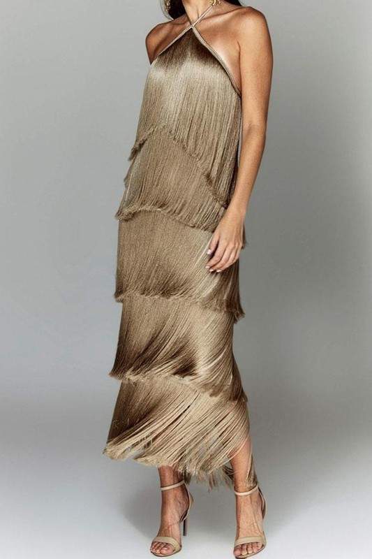 FRINGE HALTER MAXI DRESS