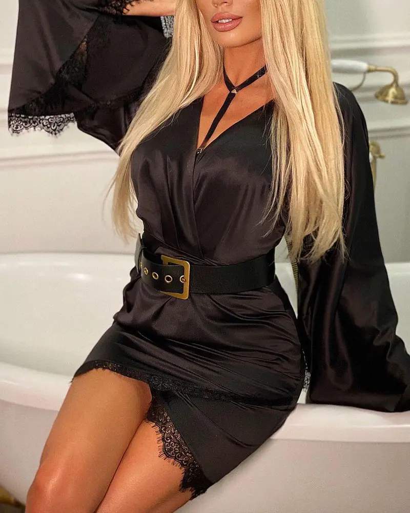 CONTRAST LACE BELL SLEEVE BELTED SATIN PARTY DRESS