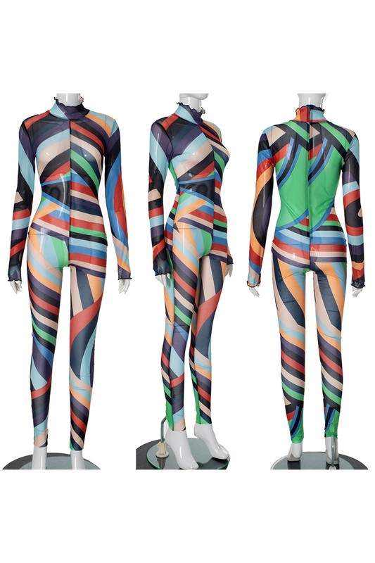 MESH GRAPHIC SHEER JUMPSUIT