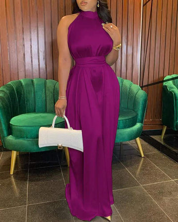 WIDE LEG SLEEVELESS MOCK NECK SATIN JUMPSUIT