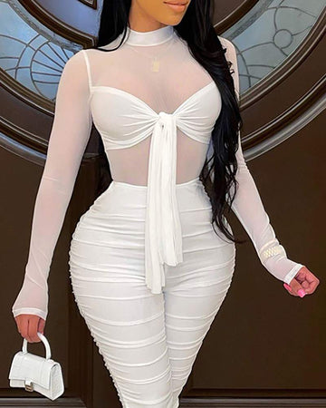 KNOTTED FRONT SHEER MESH PATCH LONG SLEEVE JUMPSUIT