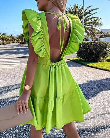 RUFFLE HEM BACKLESS V NECK DRESS