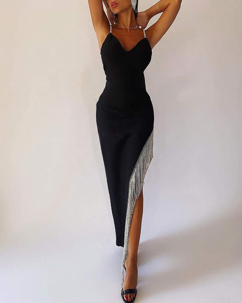 NEW Rhinestone Tassel Design Asymmetrical Party Dress