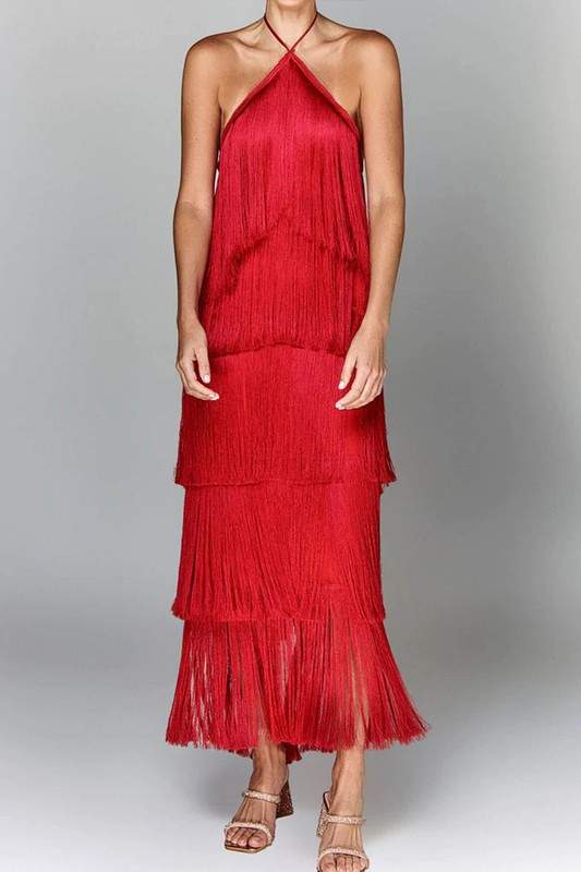 FRINGE HALTER MAXI DRESS