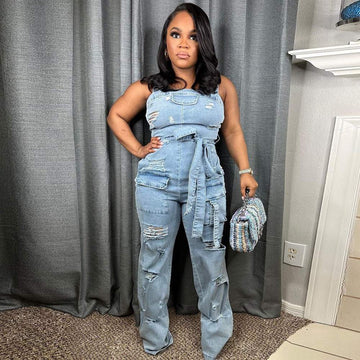 WRAPPED TRENDY RIPPED TASSEL WASHED DENIM JUMPSUIT