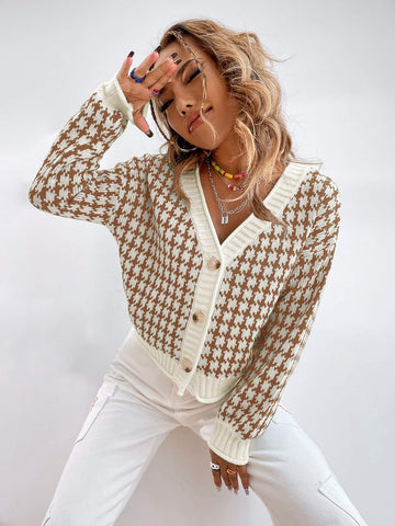 HOUNDSTOOTH PATTERN BUTTON UP CARDIGAN