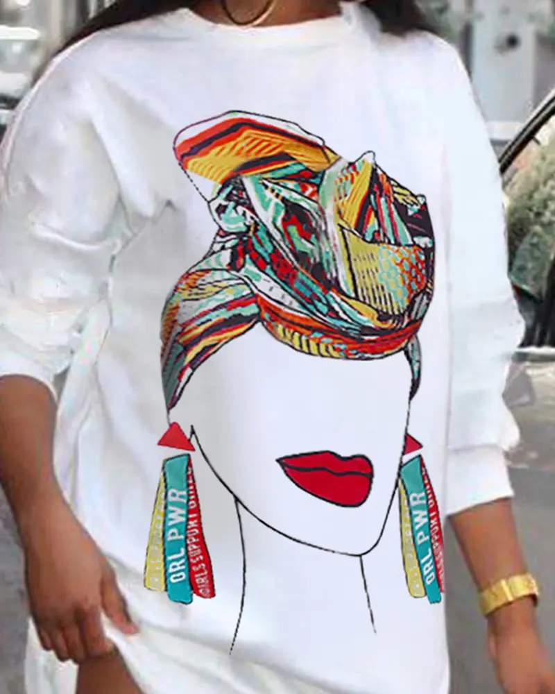 FIGURE PRINT LONG SLEEVE CASUAL DRESS