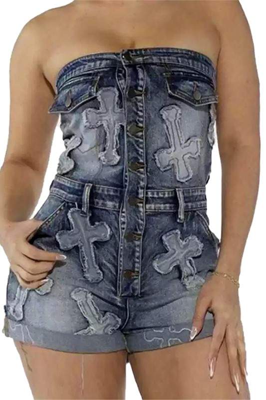 STRETCH DENIM FITTED ROMPERS