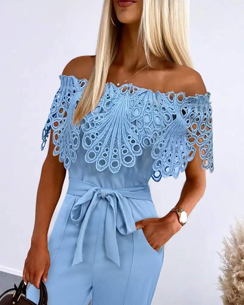 EYELET EMBROIDERY OFF SHOULDER JUMPSUIT