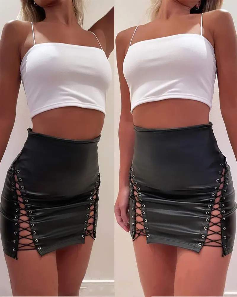 GROMMET EYELET LACE UP PU LEATHER SKIRT