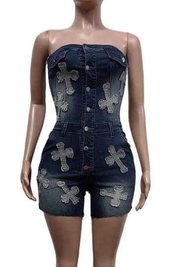 STRETCH DENIM FITTED ROMPERS