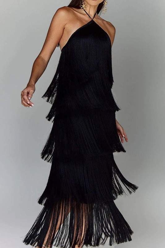 FRINGE HALTER MAXI DRESS