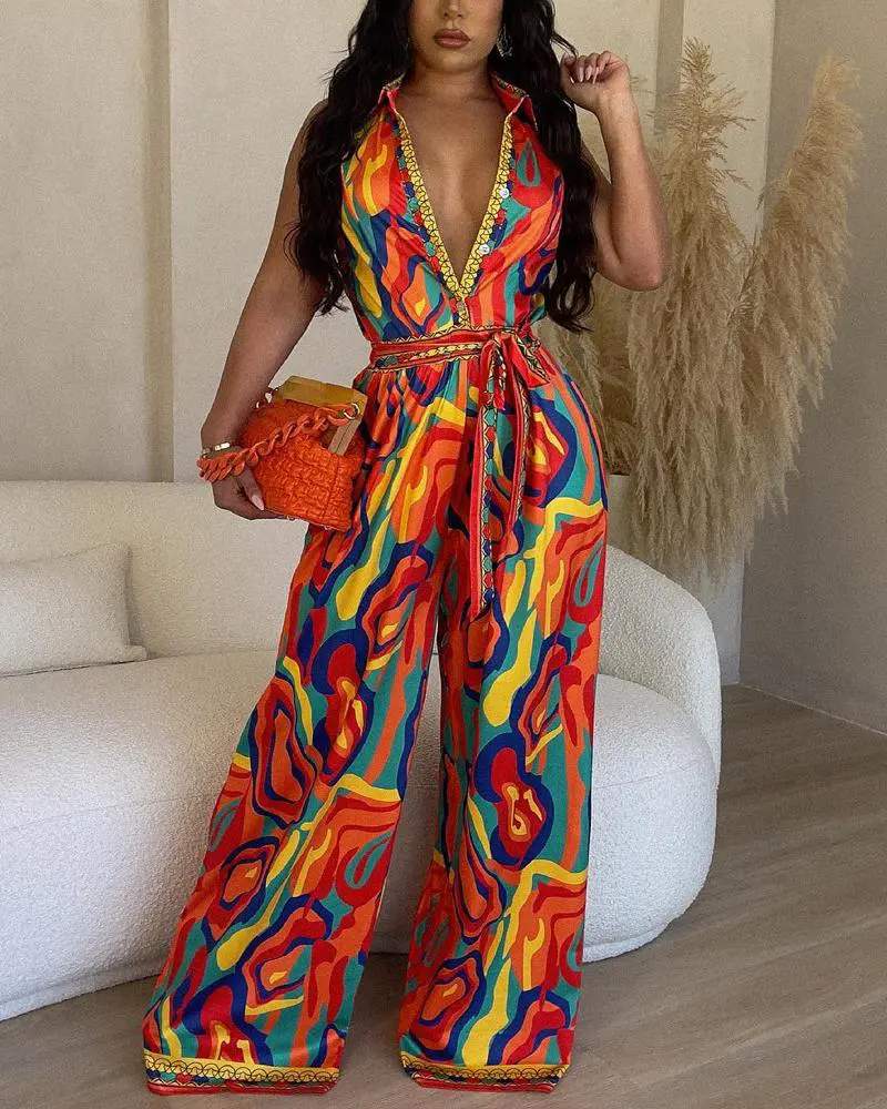 MULTI COLOR ABSTRACT PRINT WIDE LEG JUMPSUIT