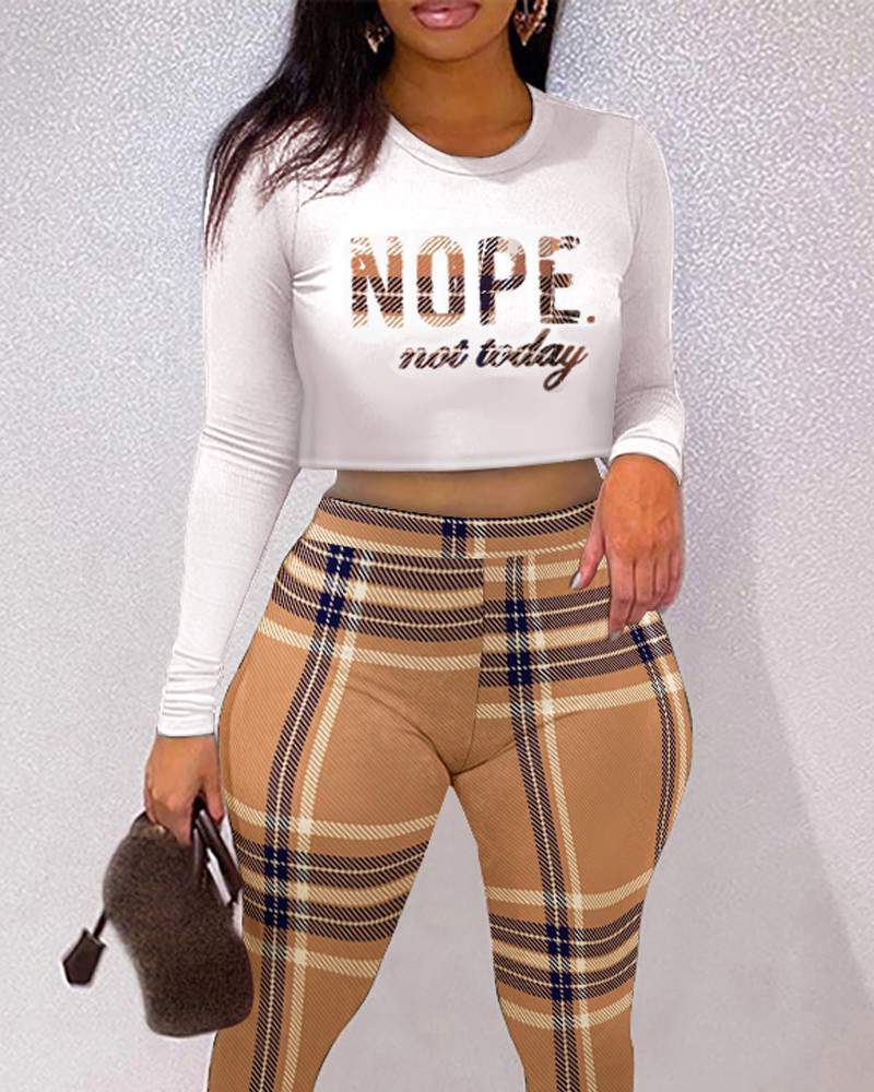 NEW LETTER PRINT CROP TOP PLAID PRINT PANTS SET