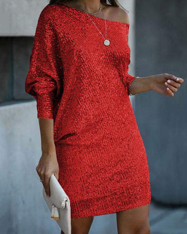 SLASH NECK BATWING SLEEVE ALLOVER SEQUINS DRESS
