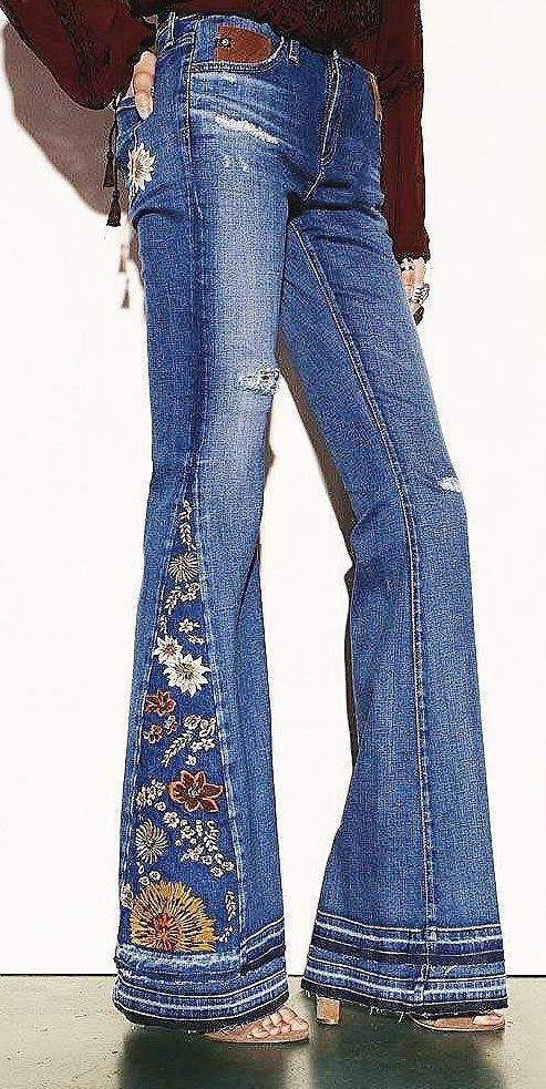 High-Waisted Floral Flare Denim Pants