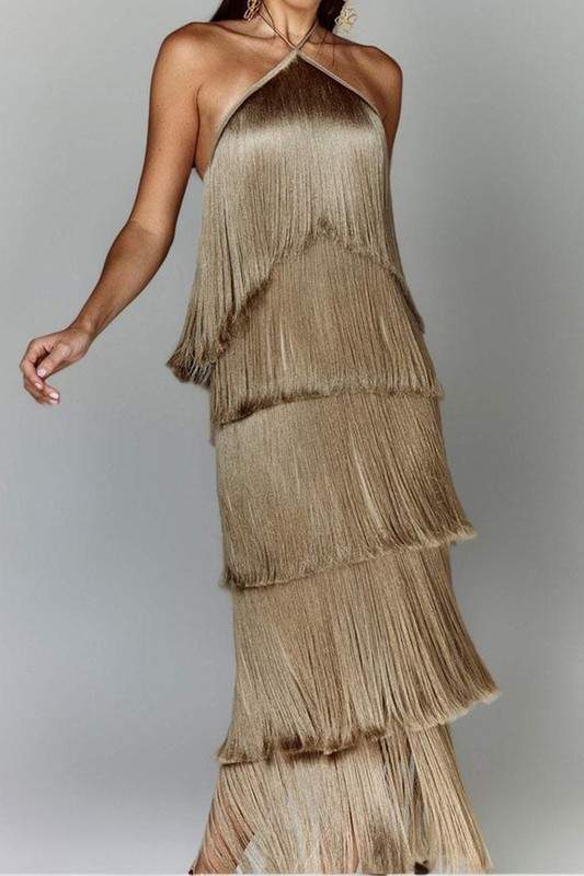 FRINGE HALTER MAXI DRESS
