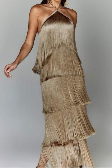 FRINGE HALTER MAXI DRESS