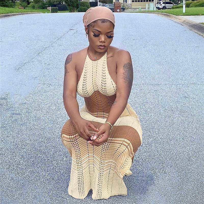 HALTER LACE UP SEXY BACKLESS CONTRASTSLIMMING KNITTED DRESS