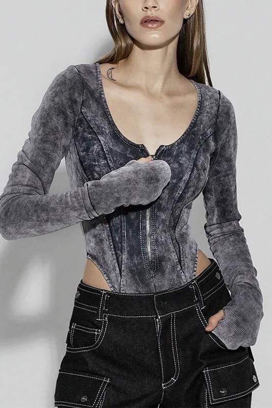 DISTRESSED ZIP UP LONG SLEEVE BODYSUIT