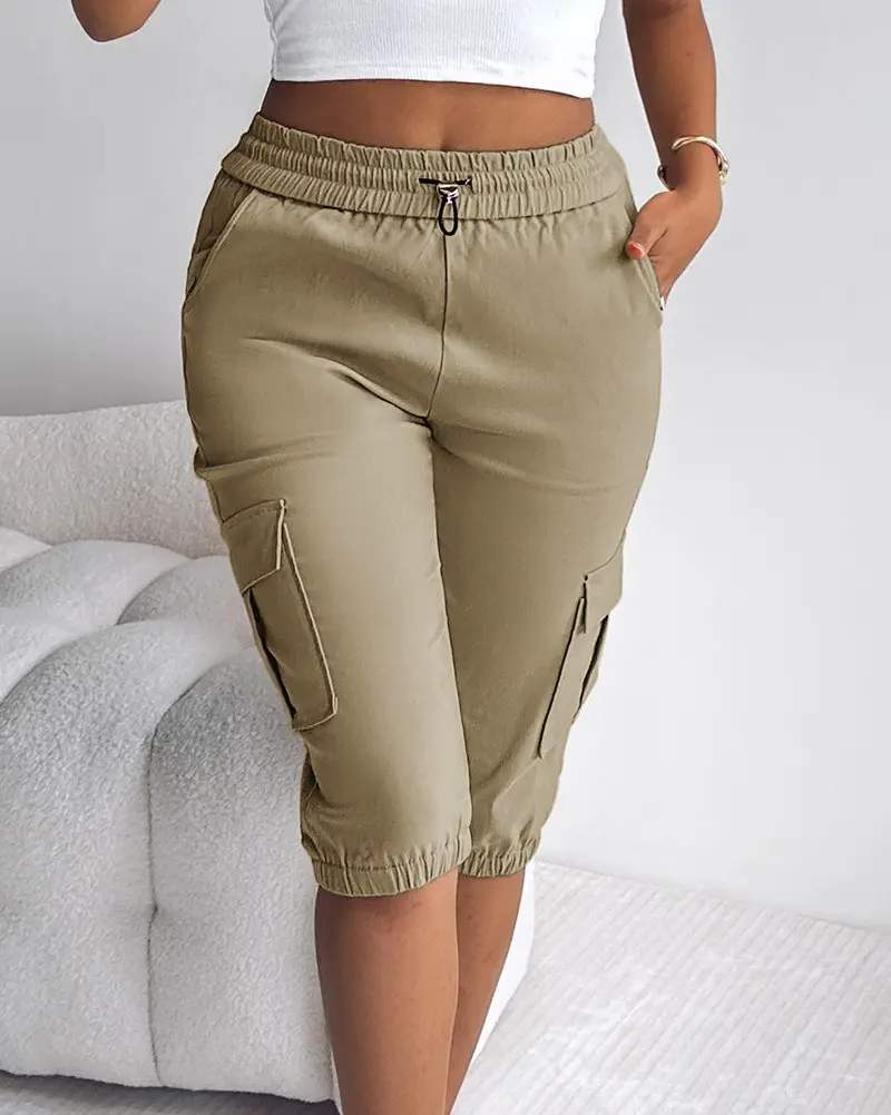 SIDE POCKETS DRAWSTRING WAIST CROPPED CARGO PANTS
