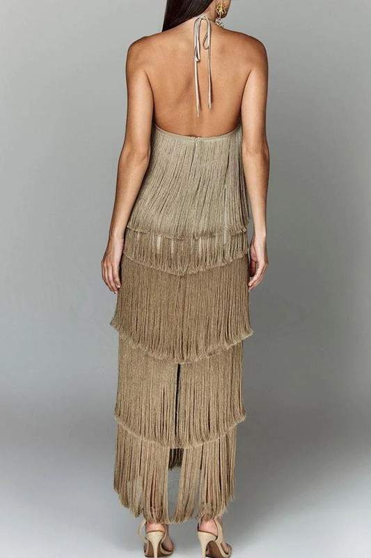FRINGE HALTER MAXI DRESS