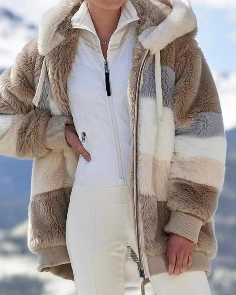 COLORBLOCK LONG SLEEVE FUZZY HOODED ZIP UP TEDDY COAT